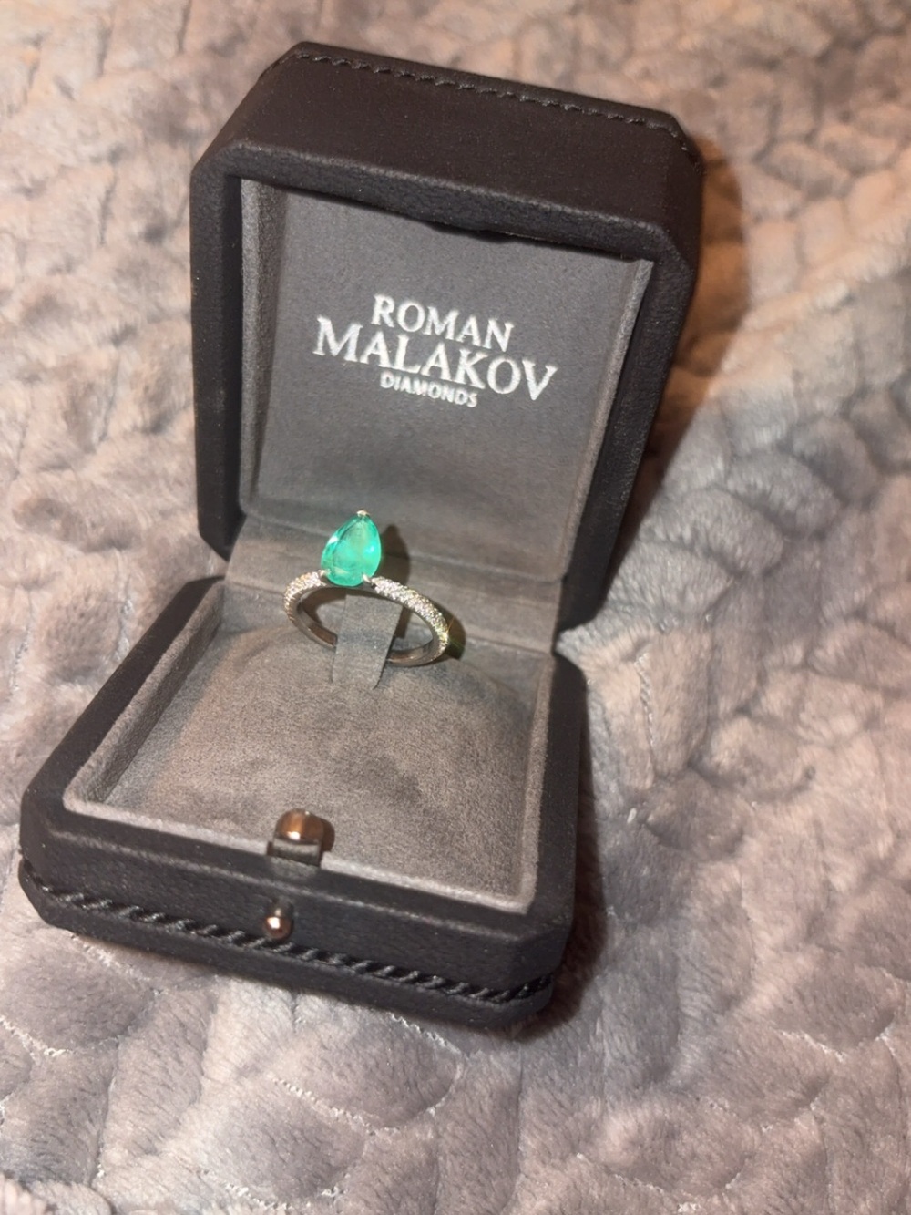 Roman Malakov Emerald Teardrop Ring with Diamond Band